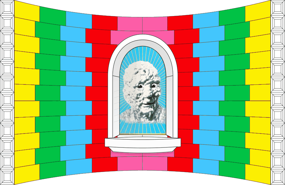 An animated face looking out from a curved wall of coloured tiles